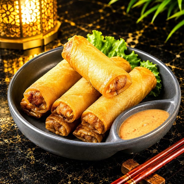 Golden fried spring rolls with lettuce and dipping sauce, chopsticks on a dark patterned table.