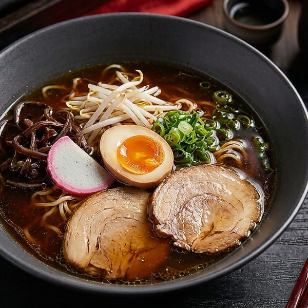 Rich ramen bowl with chashu pork, soft-boiled egg, bean sprouts, and green onions on a dark wooden table.