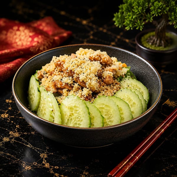 A bowl of crispy chicken and sliced cucumbers, with chopsticks on a dark table.