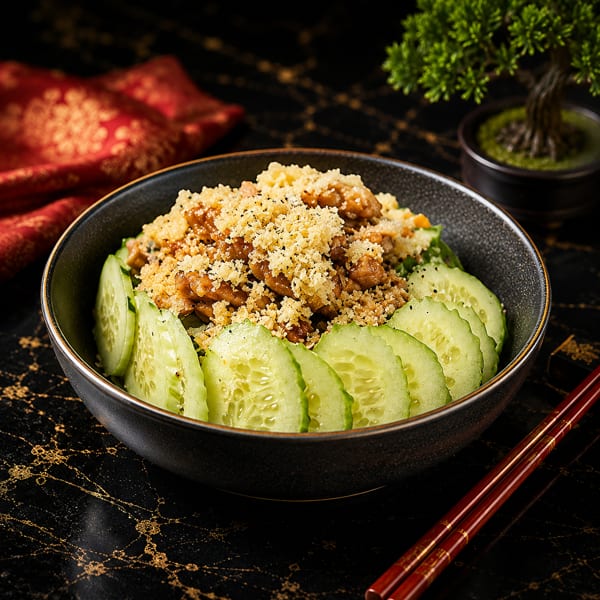 A bowl of Asian-inspired food with sliced cucumbers, topped with crispy breadcrumbs and meat.