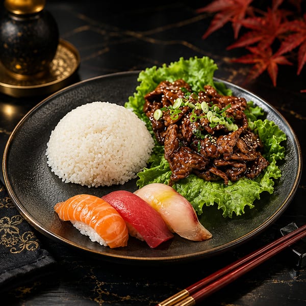Teriyaki beef, white rice, and three pieces of nigiri sushi on a dark plate.