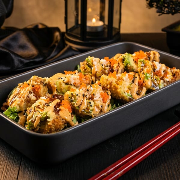 Crispy sushi rolls topped with sauce, roe, and avocado, served in a dark dish with chopsticks.