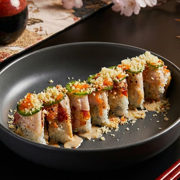 Sushi rolls with jalapeño, roe, crunchy topping, and sauce in a dark bowl, with chopsticks.
