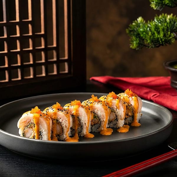 Plate of sushi rolls with orange sauce, chopsticks, bonsai, and a decorative screen.