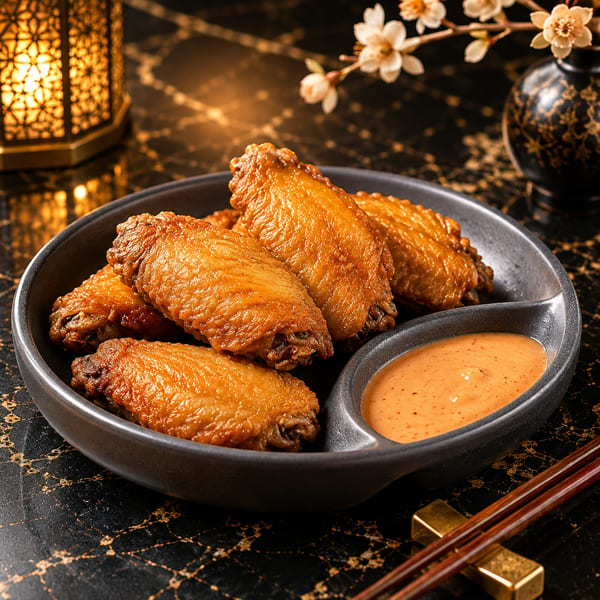 Crispy fried chicken wings with dipping sauce in a dark bowl, with chopsticks and a lantern.