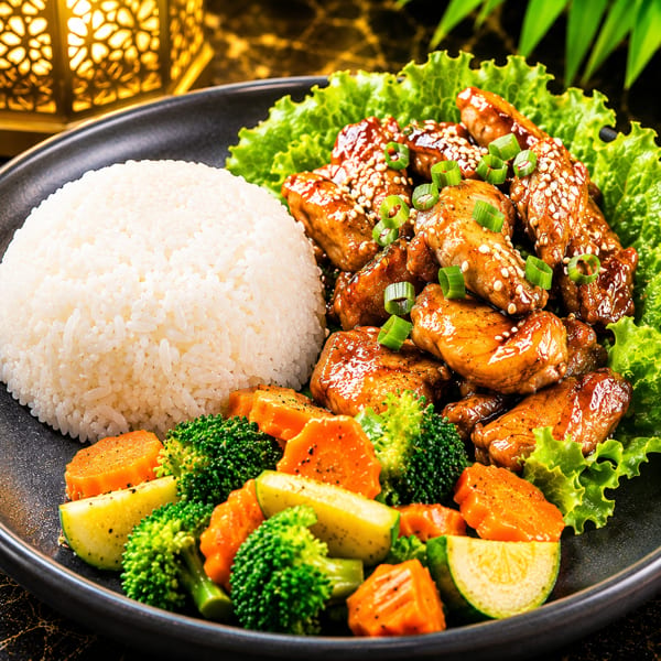Teriyaki chicken with sesame seeds, white rice, and mixed vegetables on a dark plate.
