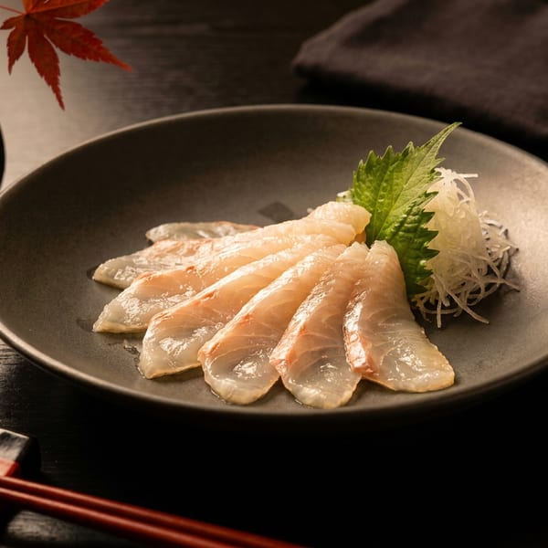 Delicate white fish sashimi on a dark plate, garnished with shiso and daikon, with chopsticks and a vase.