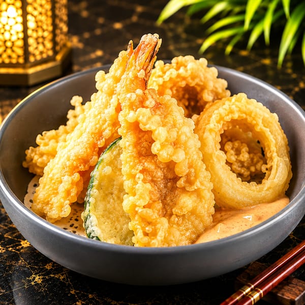 Golden tempura shrimp, zucchini, and onion rings in a dark bowl with dipping sauce.