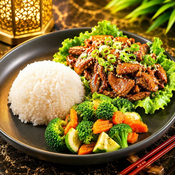 Teriyaki beef with white rice, steamed broccoli, carrots, and zucchini on a dark plate.