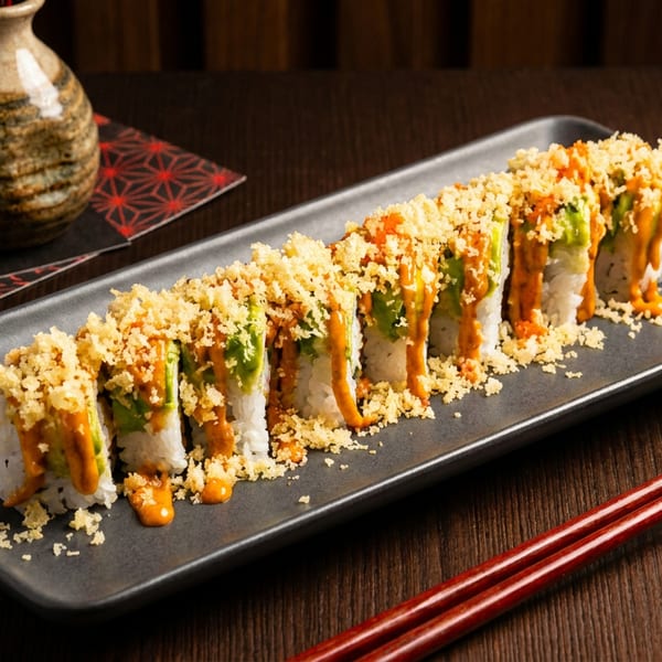 Long sushi roll topped with avocado, spicy sauce, and tempura flakes on a dark plate with chopsticks.