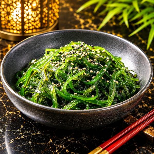 Bright green seaweed salad topped with sesame seeds in a dark bowl, with red chopsticks nearby.